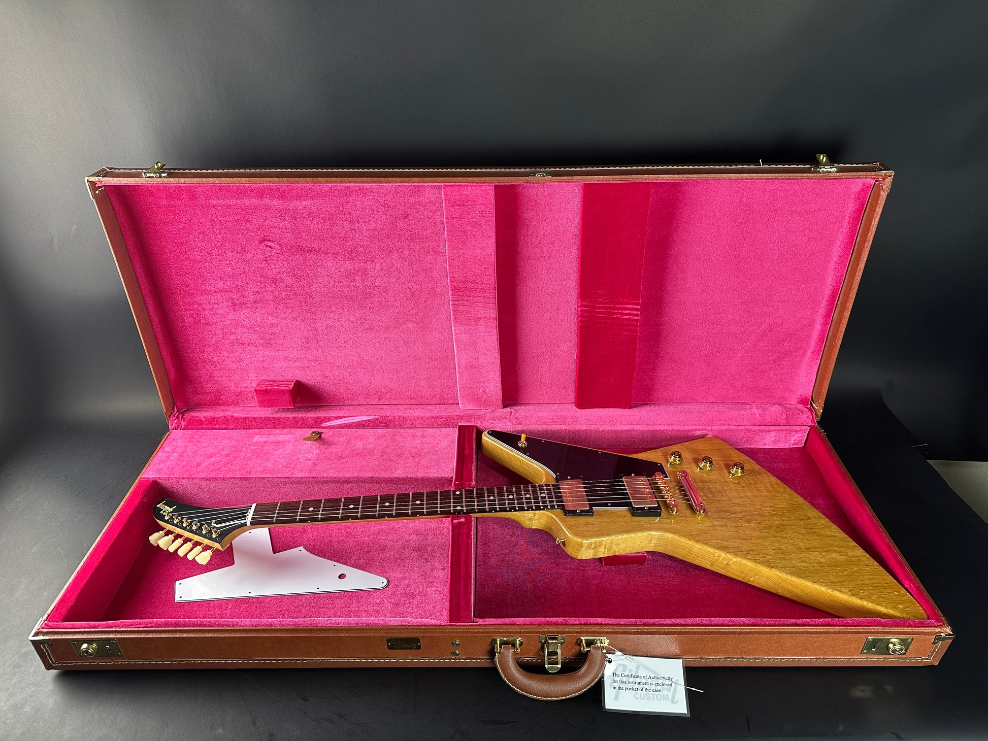 Used 2022 Gibson Custom Shop 1958 Explorer Reissue Korina Black Pickguard in case.