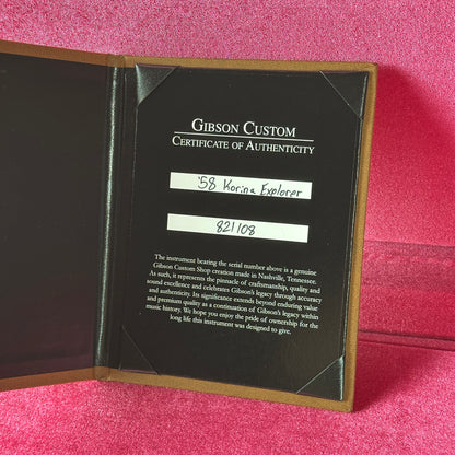 Gibson Custom Certificate of Authenticity on a pink background