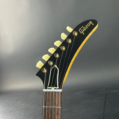 Headstock of Used 2022 Gibson Custom Shop 1958 Explorer Reissue Korina Black Pickguard.