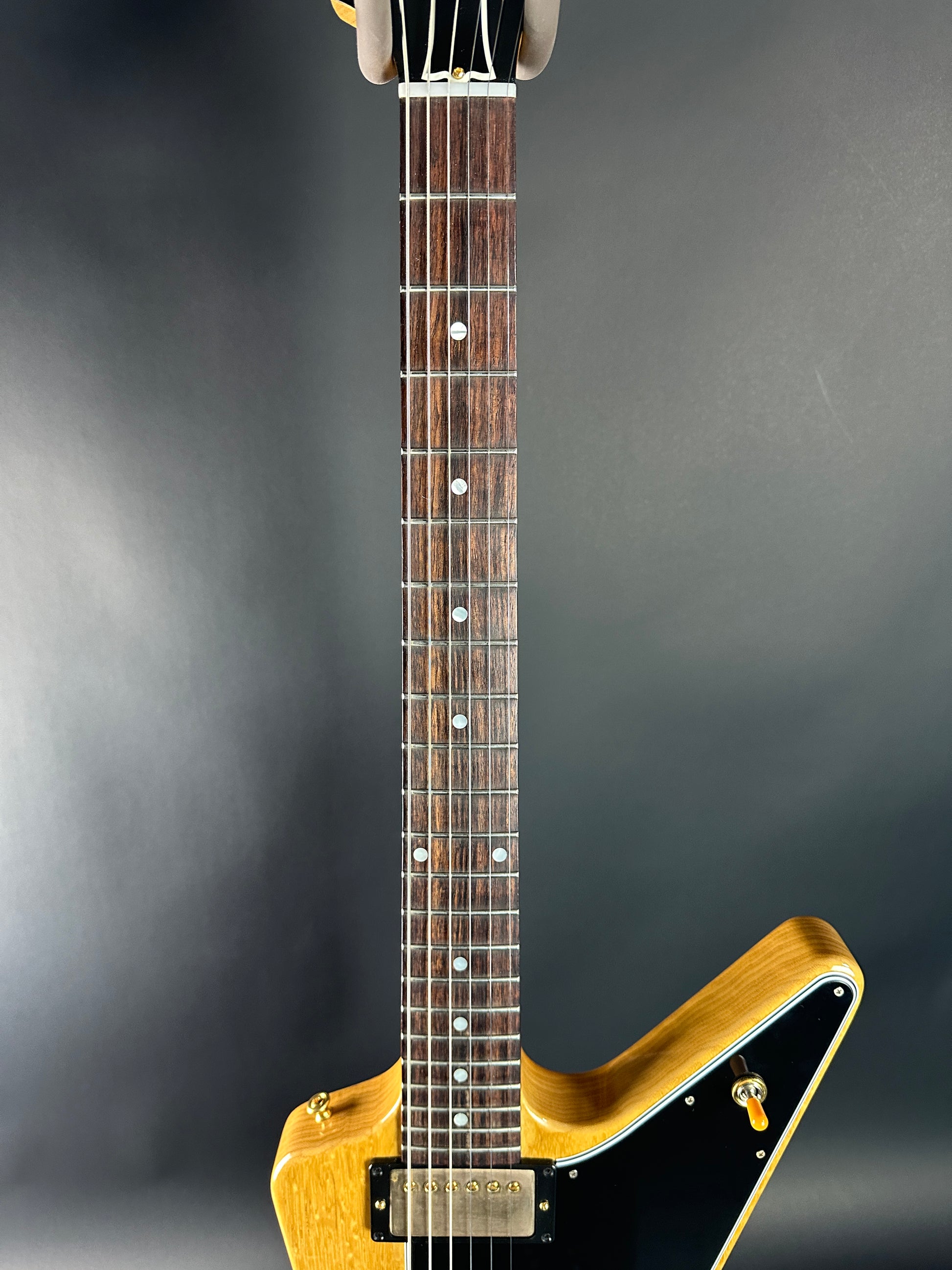 Fretboard of Used 2022 Gibson Custom Shop 1958 Explorer Reissue Korina Black Pickguard.