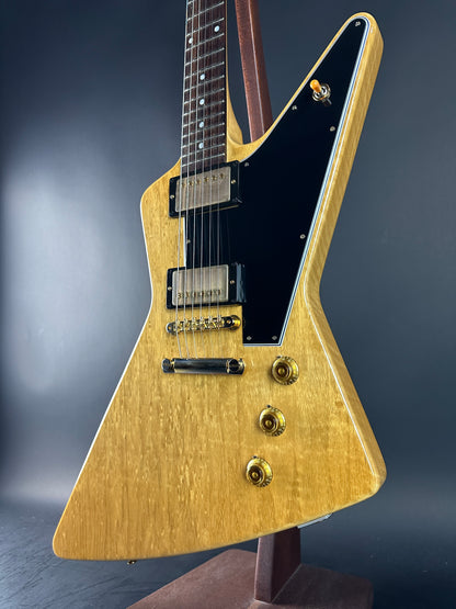 Front angle of Used 2022 Gibson Custom Shop 1958 Explorer Reissue Korina Black Pickguard.