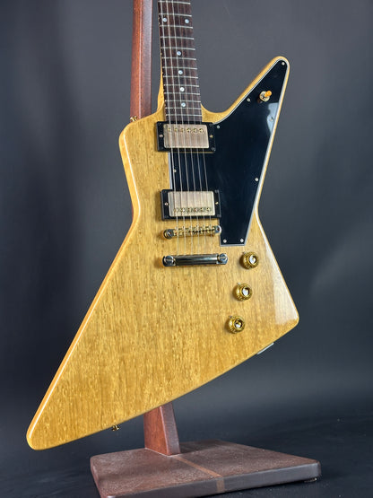 Front angle of Used 2022 Gibson Custom Shop 1958 Explorer Reissue Korina Black Pickguard.