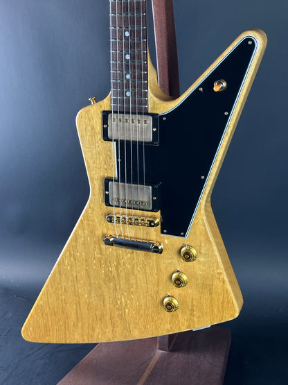 Front angle of Used 2022 Gibson Custom Shop 1958 Explorer Reissue Korina Black Pickguard.