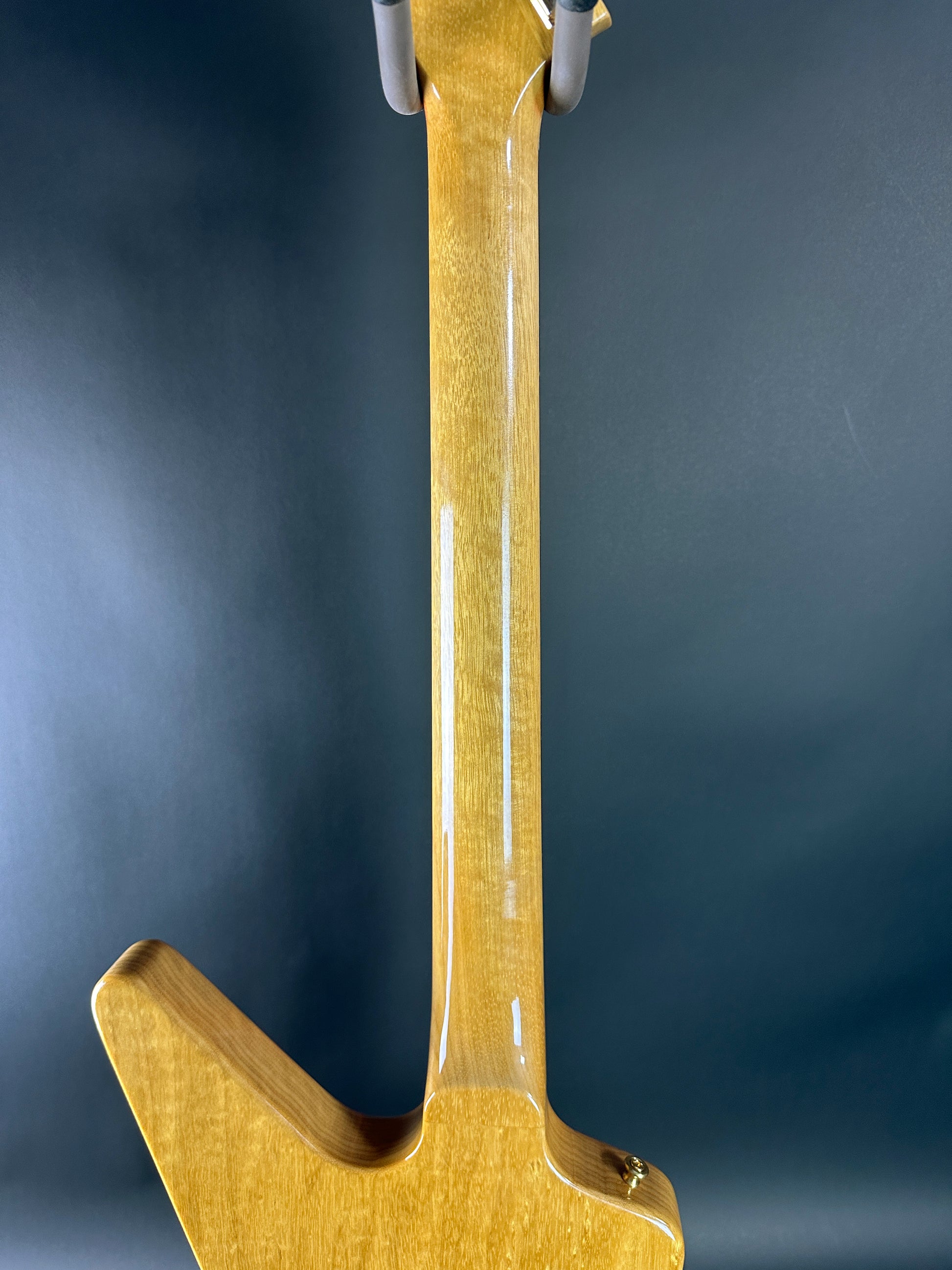 Back of neck of Used 2022 Gibson Custom Shop 1958 Explorer Reissue Korina Black Pickguard.