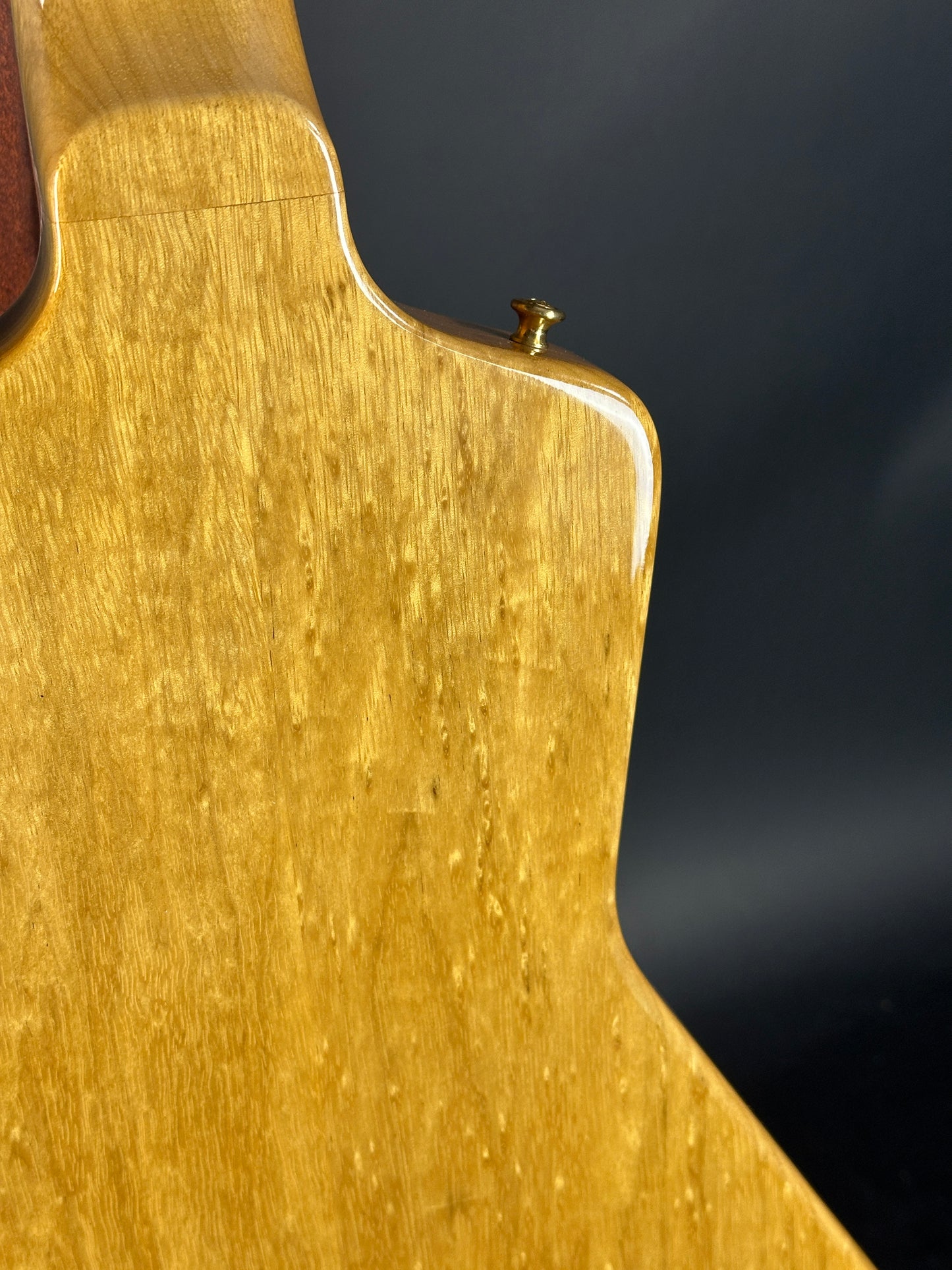 Back detail of Used 2022 Gibson Custom Shop 1958 Explorer Reissue Korina Black Pickguard.