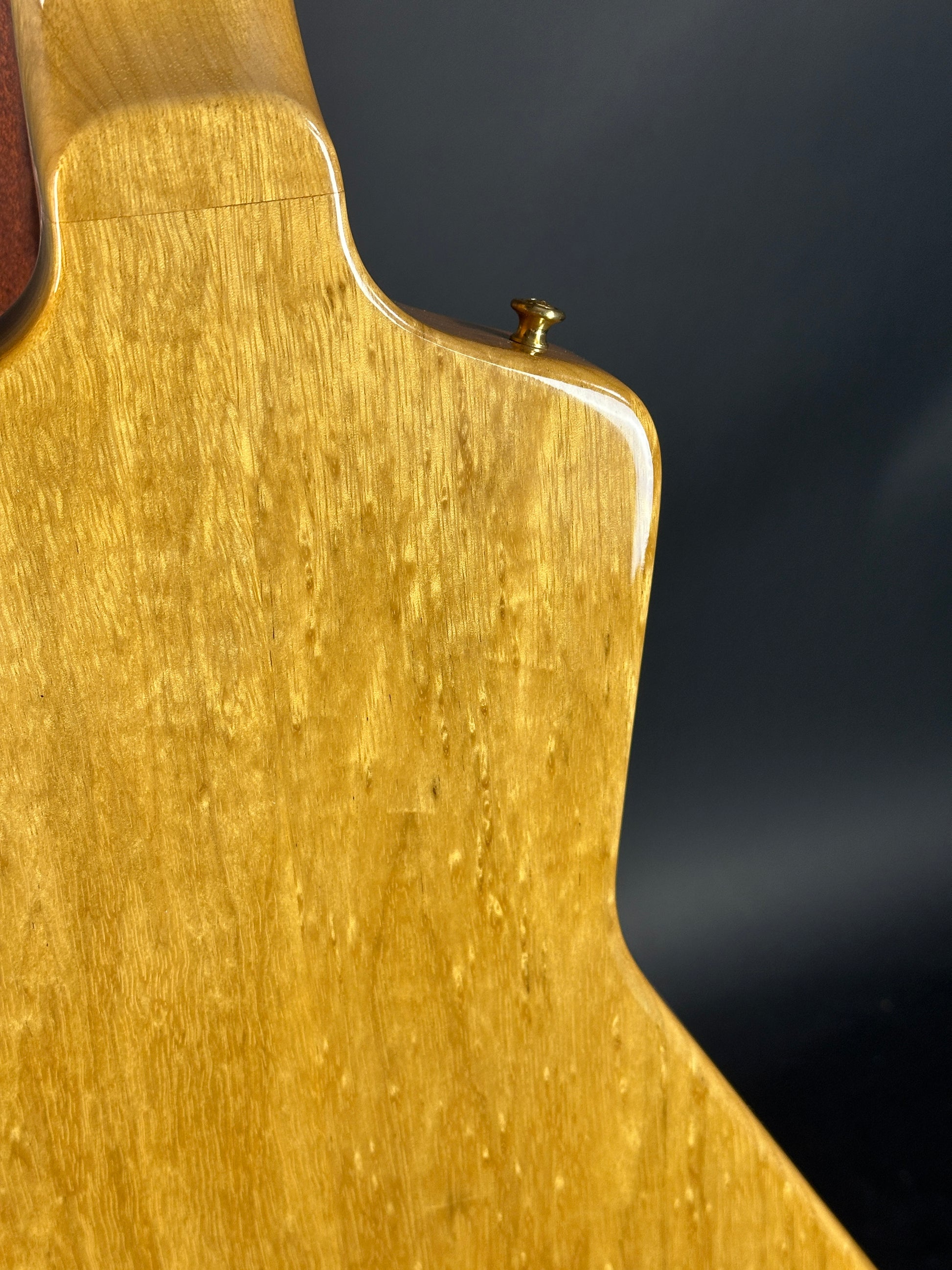 Back detail of Used 2022 Gibson Custom Shop 1958 Explorer Reissue Korina Black Pickguard.