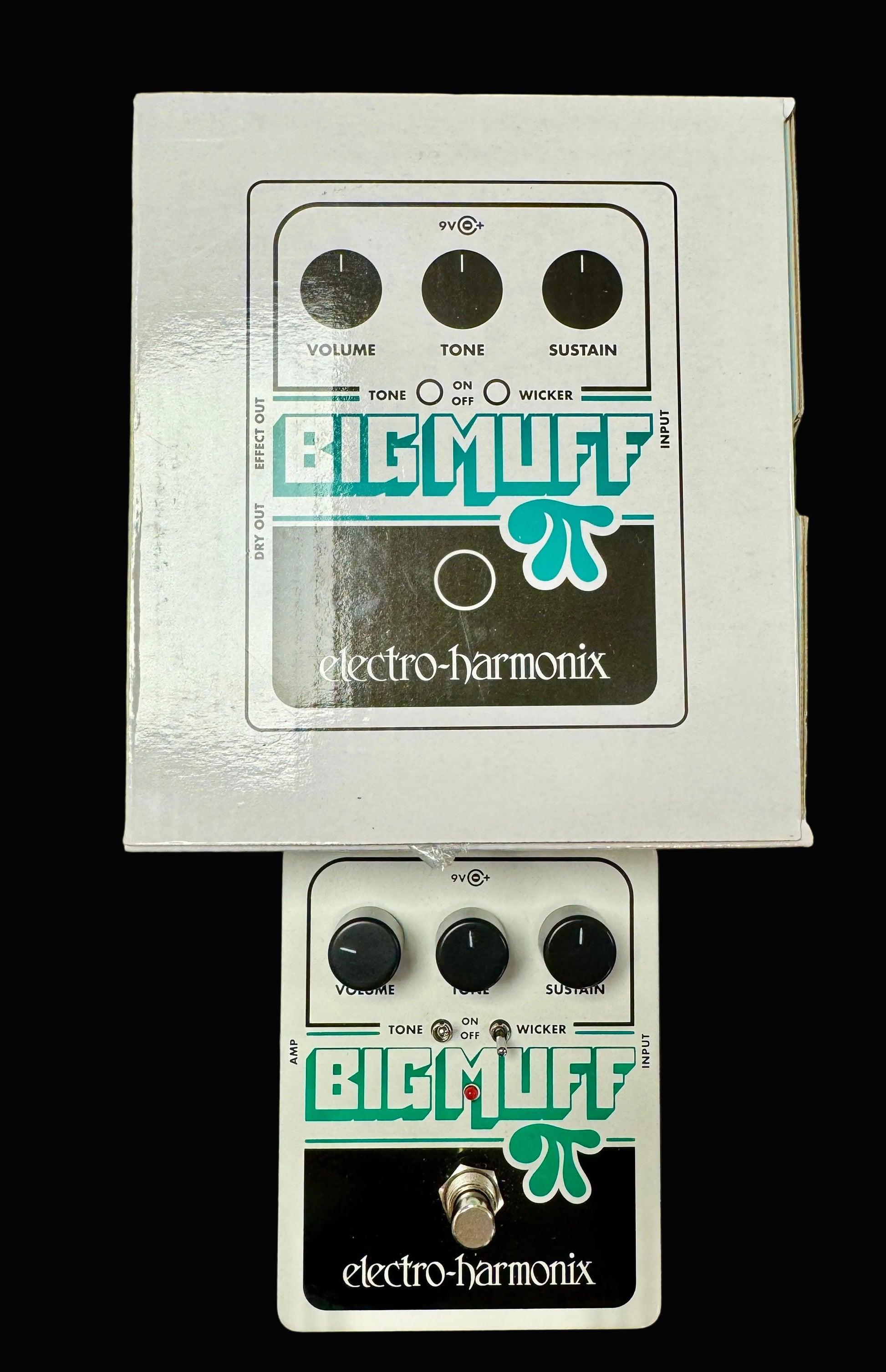 Electro-Harmonix Big Muff Pi guitar effects pedal on a textured surface