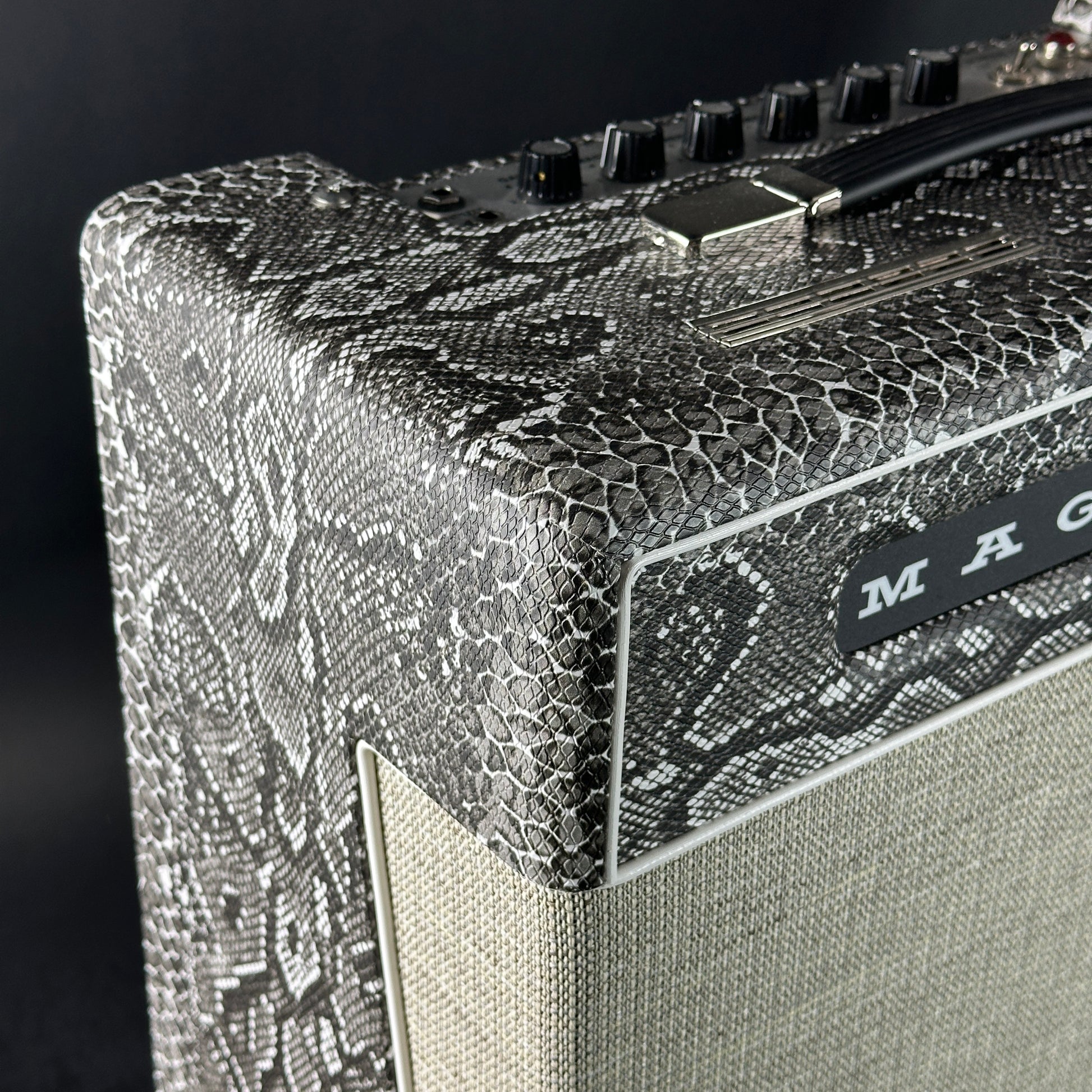 Close-up of a guitar amplifier with a textured surface and 'MAG' branding.