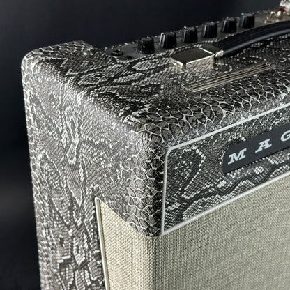 Close-up of a guitar amplifier with a textured surface and 'MAG' branding.
