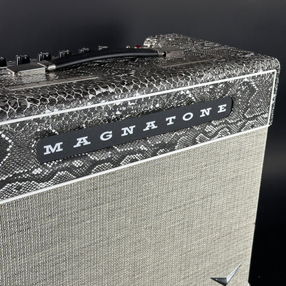 Close-up of a Magnatone guitar amplifier with a textured surface.
