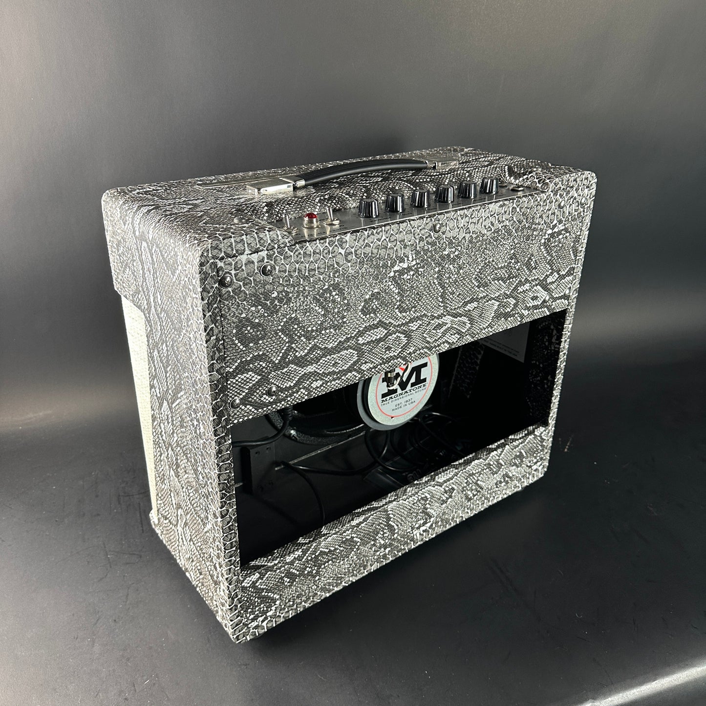 Guitar amplifier with decorative front panel on a gray background