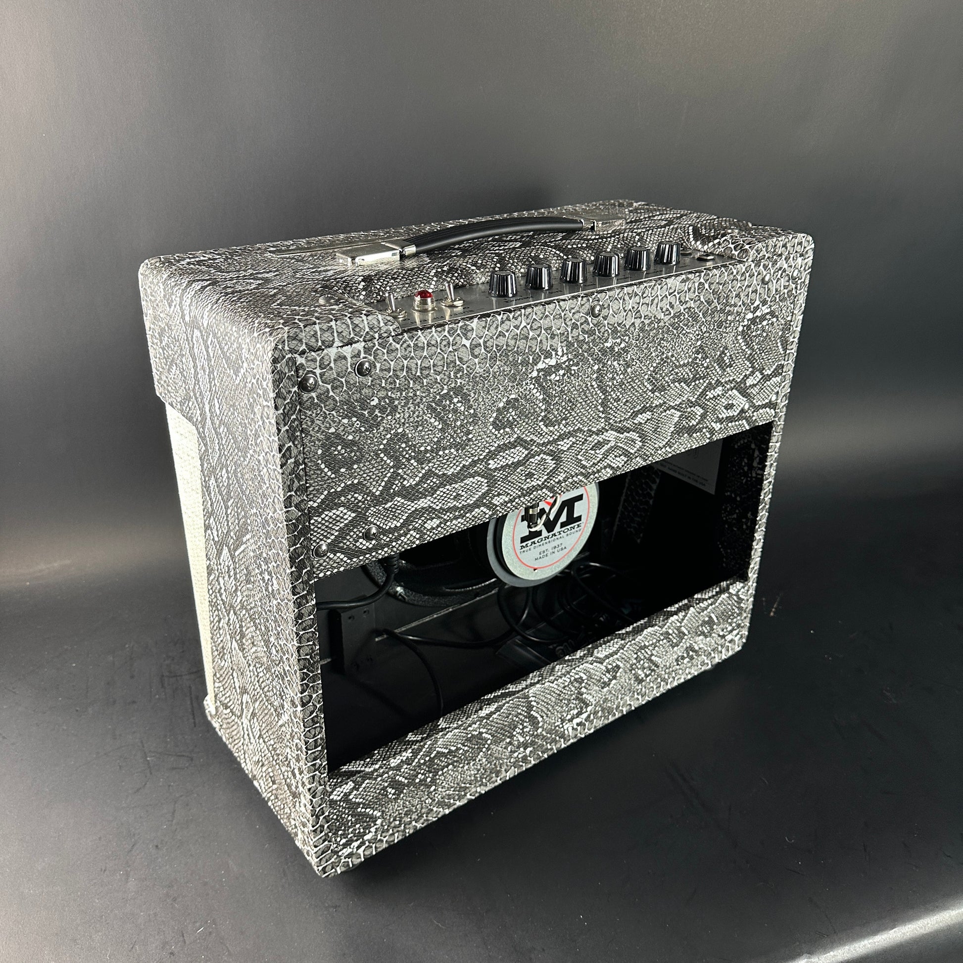 Guitar amplifier with decorative front panel on a gray background