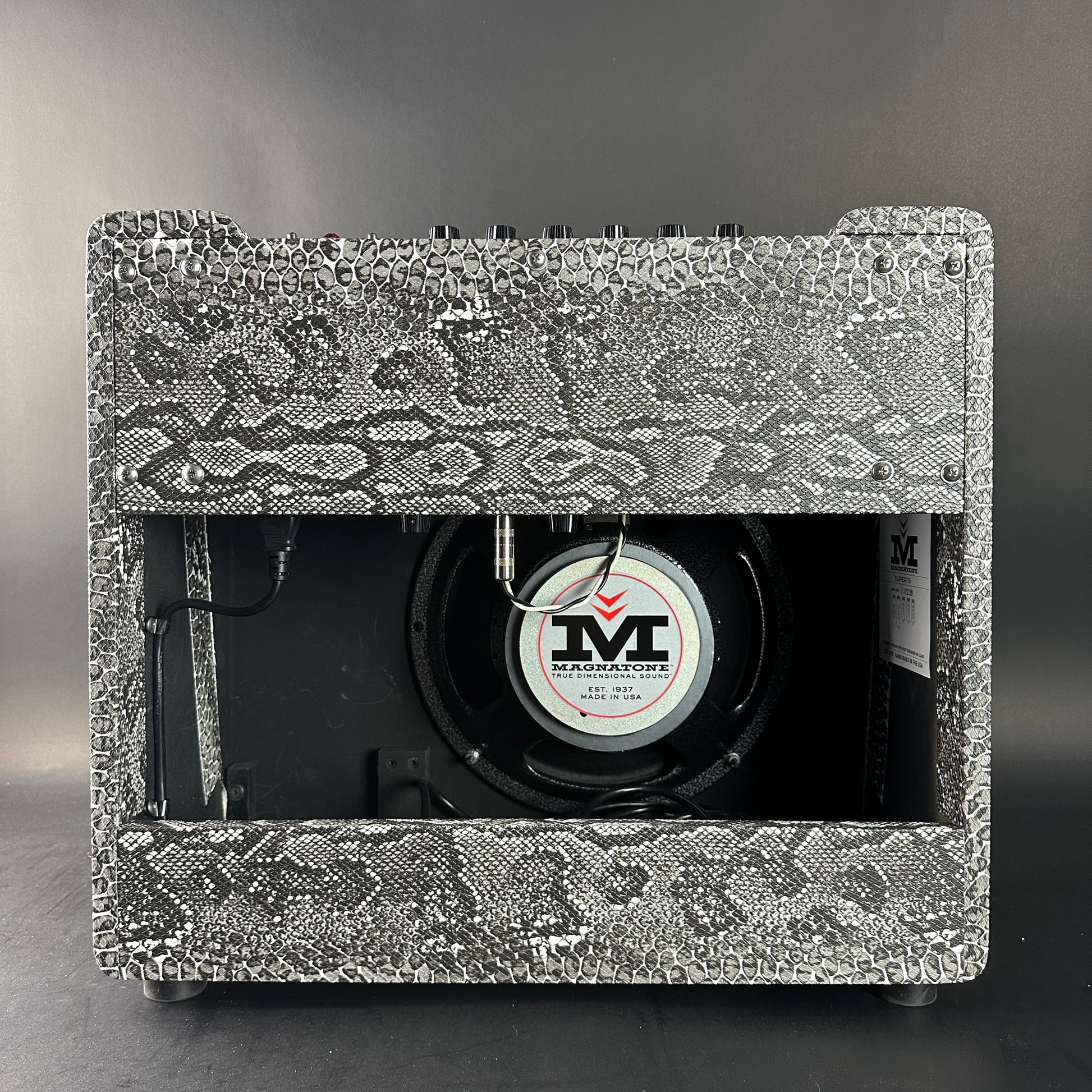 Audio amplifier with snake skin pattern casing on a gray background