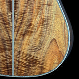 Close-up of a guitar body showing a rich wood grain finish with a silver-colored metal truss rod cover and edge binding against a black background.