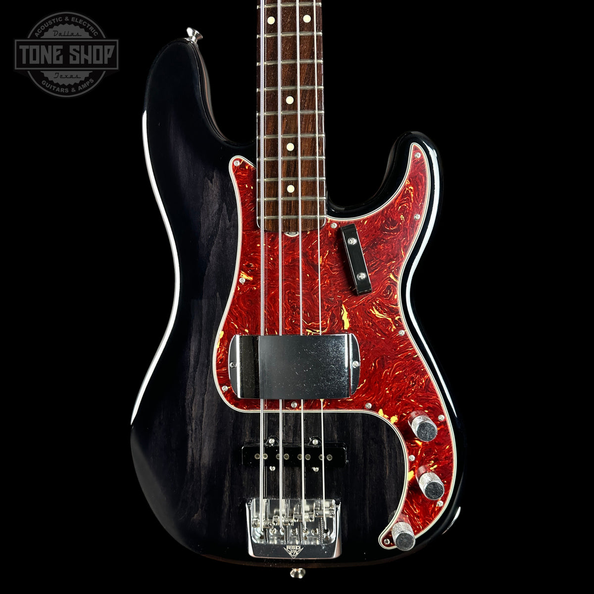 Front of Fender Custom Shop Postmodern Precision Bass RW DLX Closet Classic Ebony Transparent.