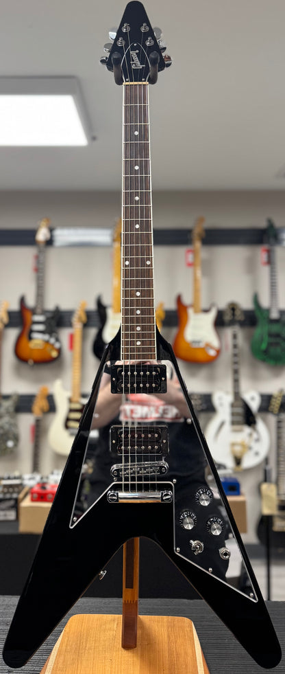 Front of whole Used Gibson Limited Edition Flying V Black w/case TSS6372