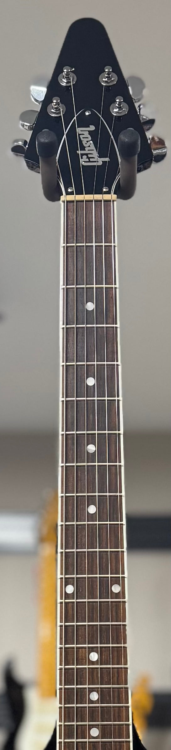 Front of neck of Used Gibson Limited Edition Flying V Black w/case TSS6372