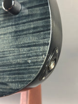 Close-up of a guitar headstock with control knobs on a plain background