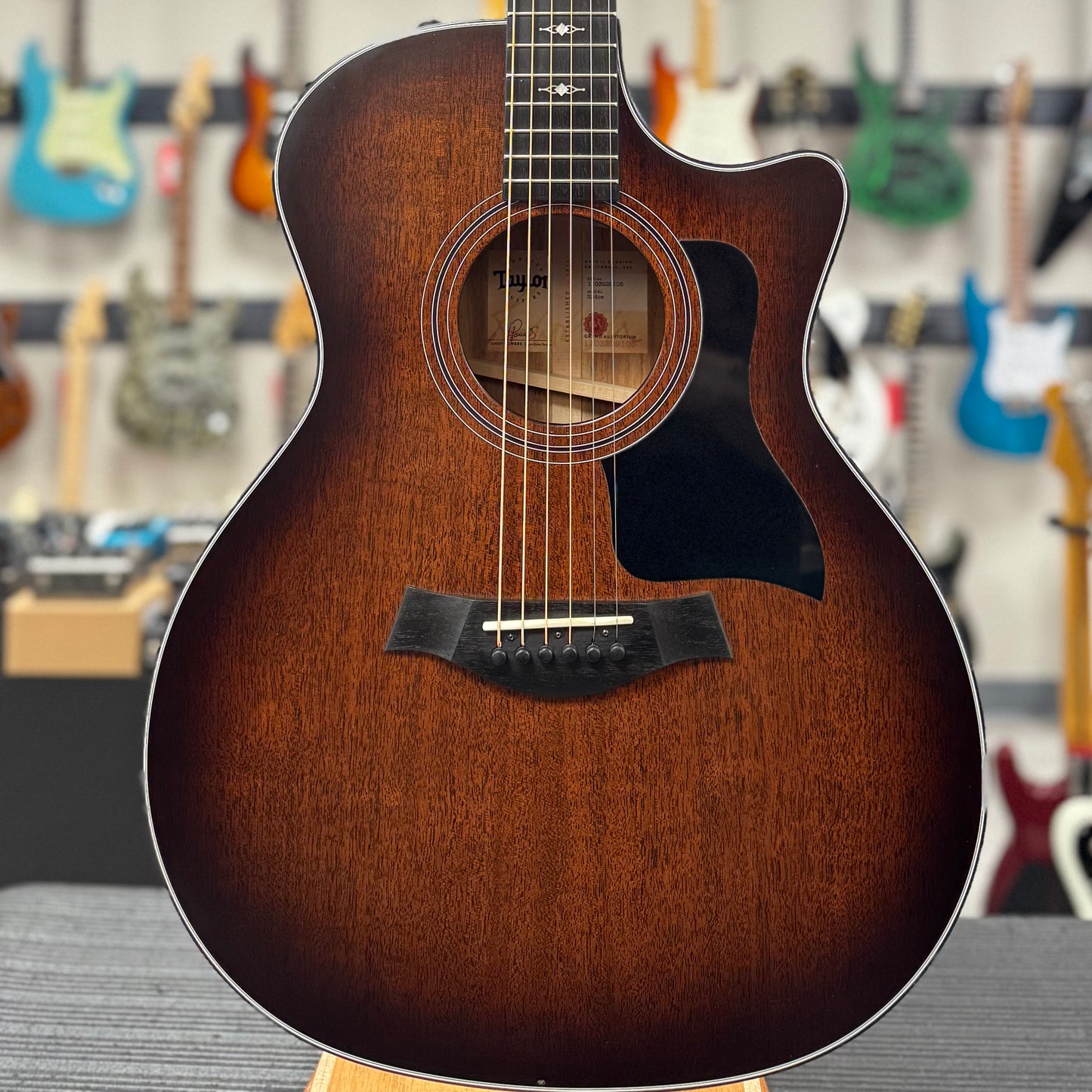 Front of body of Used Taylor 324ce Shaded Edgeburst w/case TSS6379