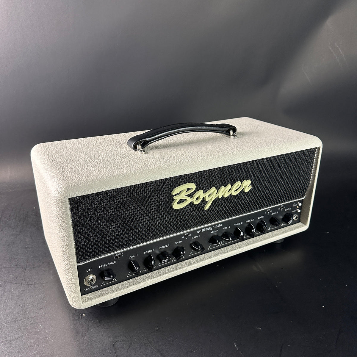 Guitar amplifier head with 'Bogner' branding on a dark background