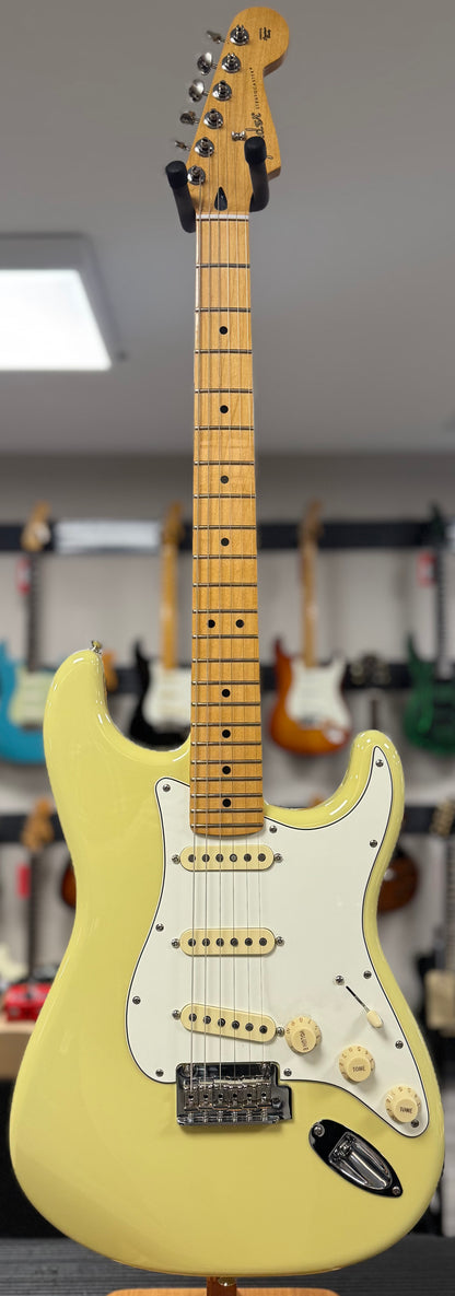 Front of whole Used Fender Player II Stratocaster Hileah Yellow w/case TSS6387