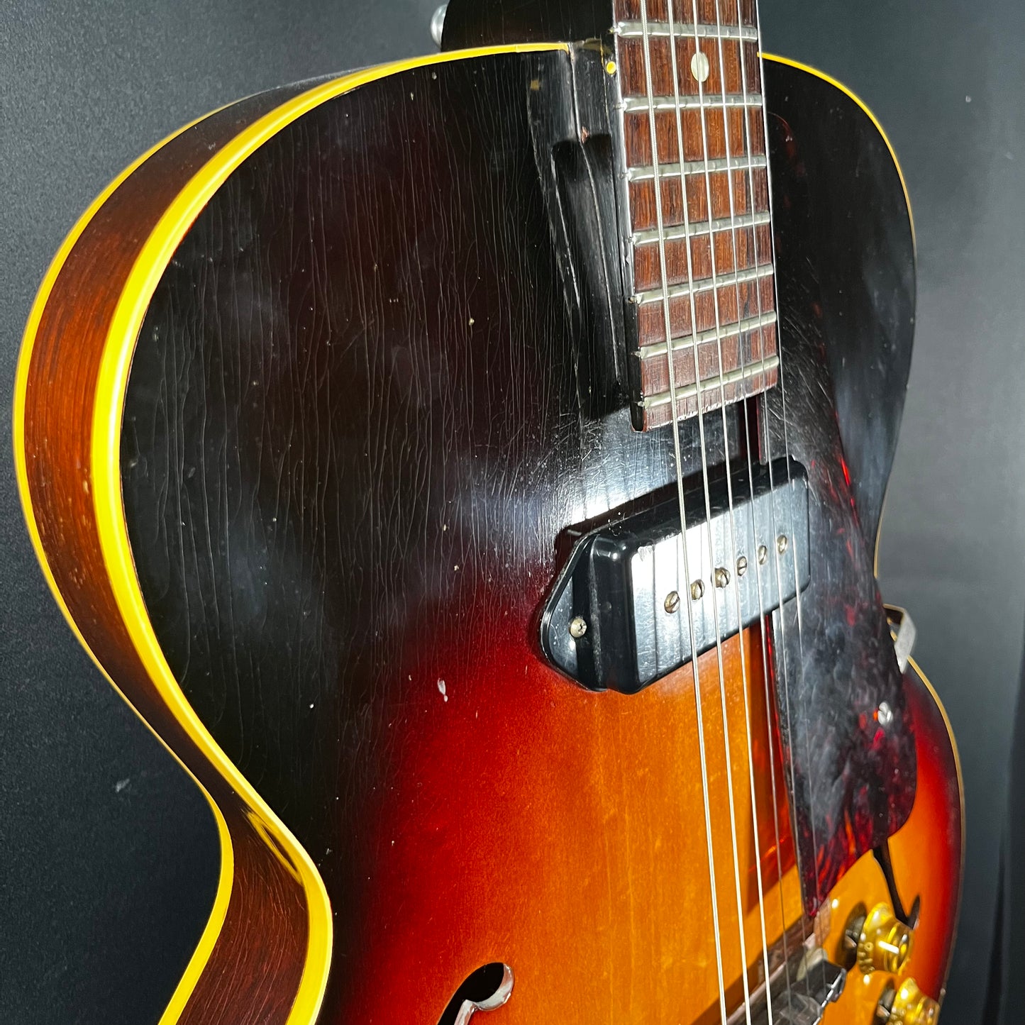 Close up of checking on front of Used 1956 Gibson ES-125T Thinline Archtop Sunburst w/Case TFW3063