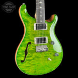 Front angle of 2024 PRS Paul Reed Smith CE24 Semi-Hollow Quilt Eriza Verde.