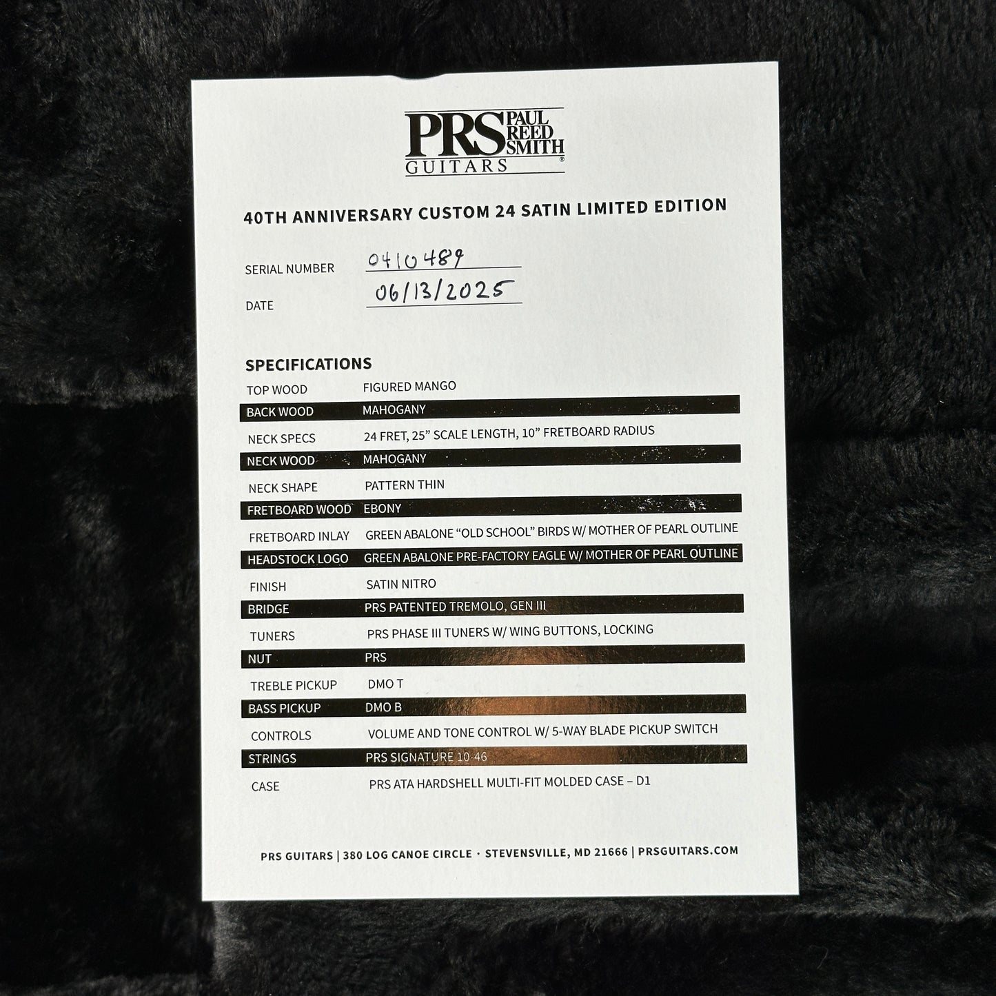 PRS Guitars 40th Anniversary Custom 24 Satin Limited Edition specifications sheet on a textured black background