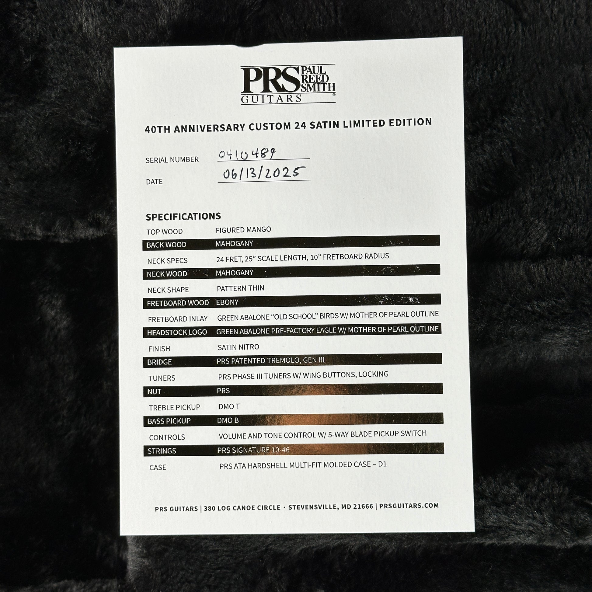 PRS Guitars 40th Anniversary Custom 24 Satin Limited Edition specifications sheet on a textured black background