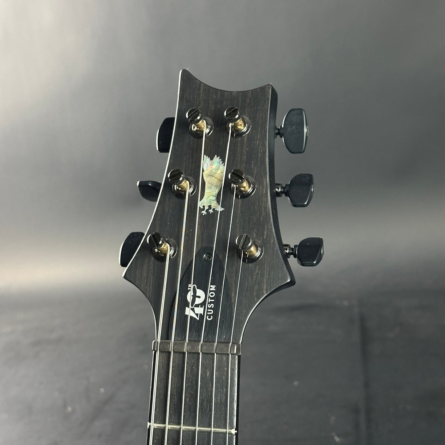 Guitar headstock with brand logo on a gray background