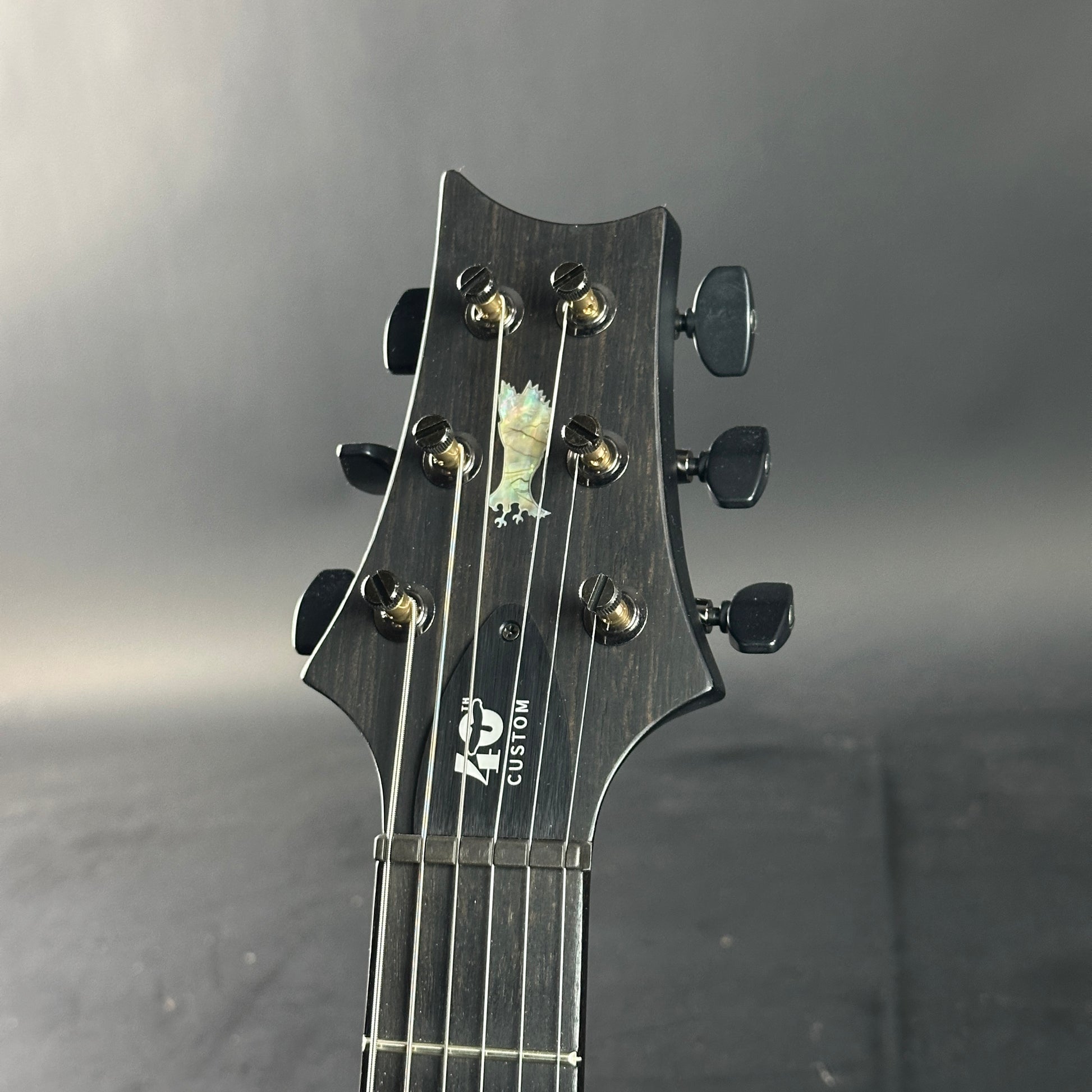 Guitar headstock with brand logo on a gray background