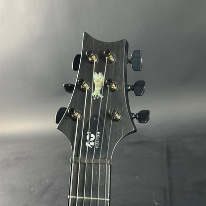 Guitar headstock with brand logo on a gray background