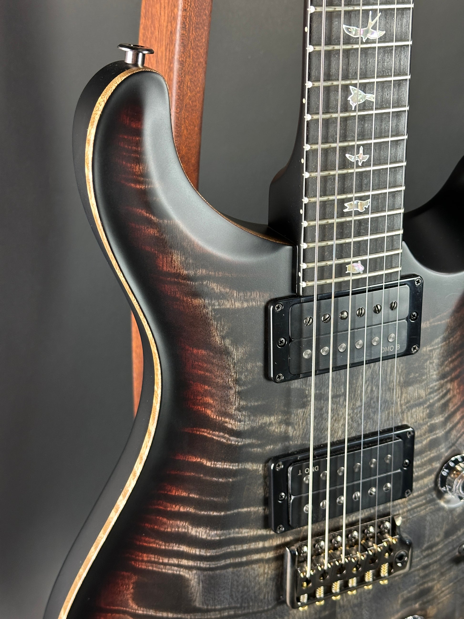 Close-up of a electric guitar with a focus on the neck and body.