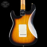 Fender Stratocaster guitar with a sunburst finish on a black background, featuring the Tone Shop logo.