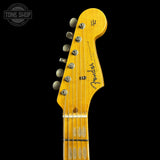 Headstock of Fender Custom Shop Time Machine '57 Strat Heavy Relic Aged White Blonde.