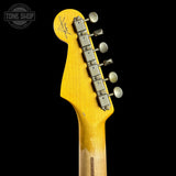 Back of headstock of Fender Custom Shop Time Machine '57 Strat Heavy Relic Aged White Blonde.