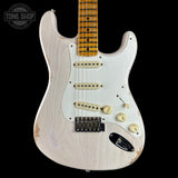 Front of Fender Custom Shop Time Machine '57 Strat Heavy Relic Aged White Blonde.