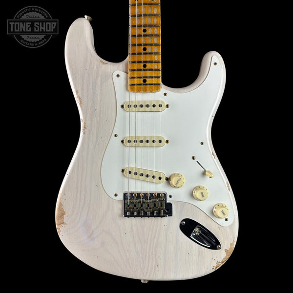 Front of Fender Custom Shop Time Machine '57 Strat Heavy Relic Aged White Blonde.