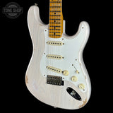 Front angle of Fender Custom Shop Time Machine '57 Strat Heavy Relic Aged White Blonde.