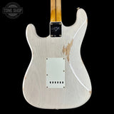 Back of Fender Custom Shop Time Machine '57 Strat Heavy Relic Aged White Blonde.