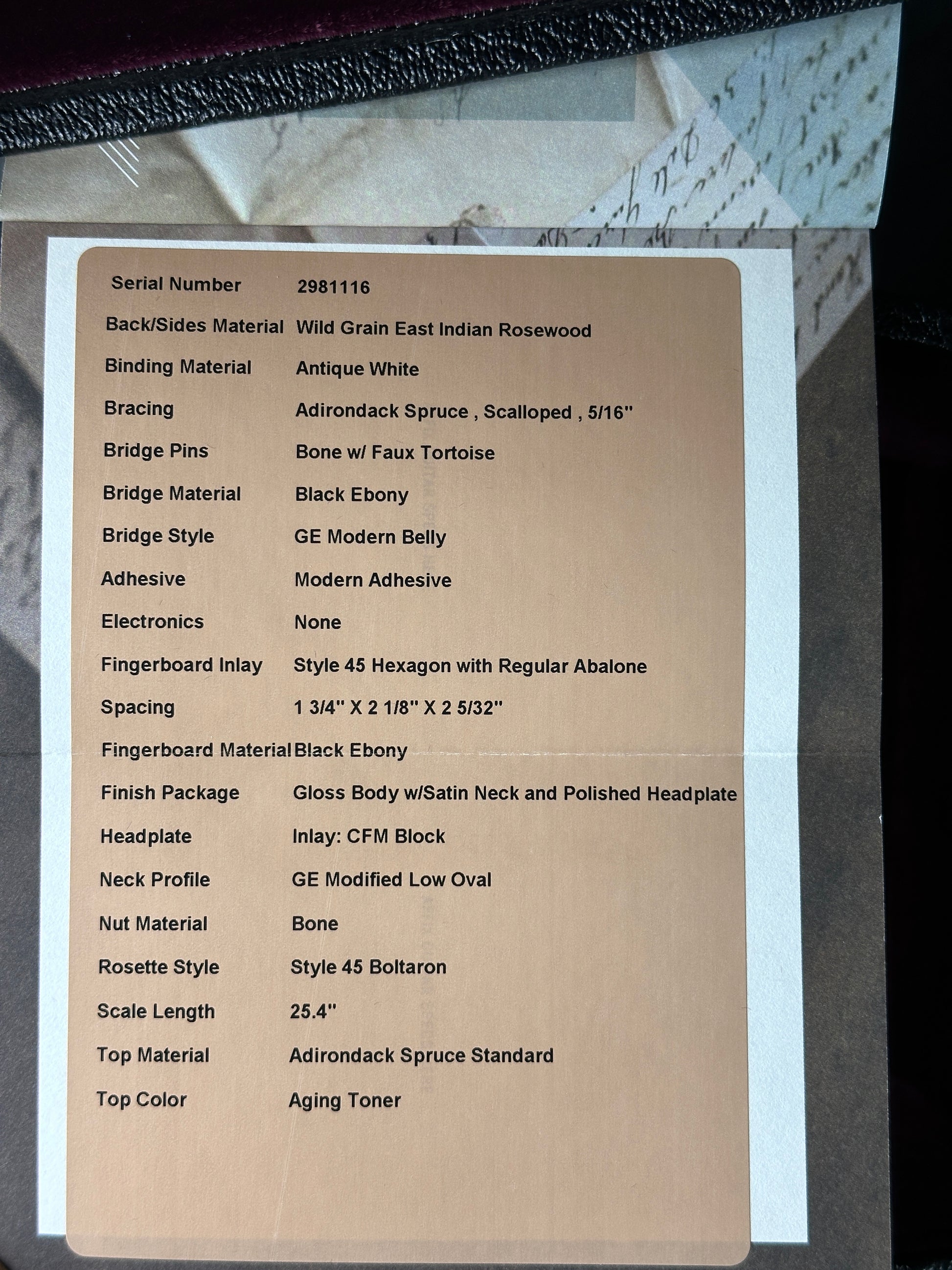 Spec sheet for Martin Custom Shop 0000 Wild Grain East Indian Rosewood.