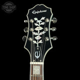 Headstock of Used Epiphone Emperor Swingster Delta Blue Metallic.
