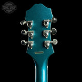 Back of headstock of Used Epiphone Emperor Swingster Delta Blue Metallic.