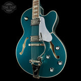 Front angle of Used Epiphone Emperor Swingster Delta Blue Metallic.