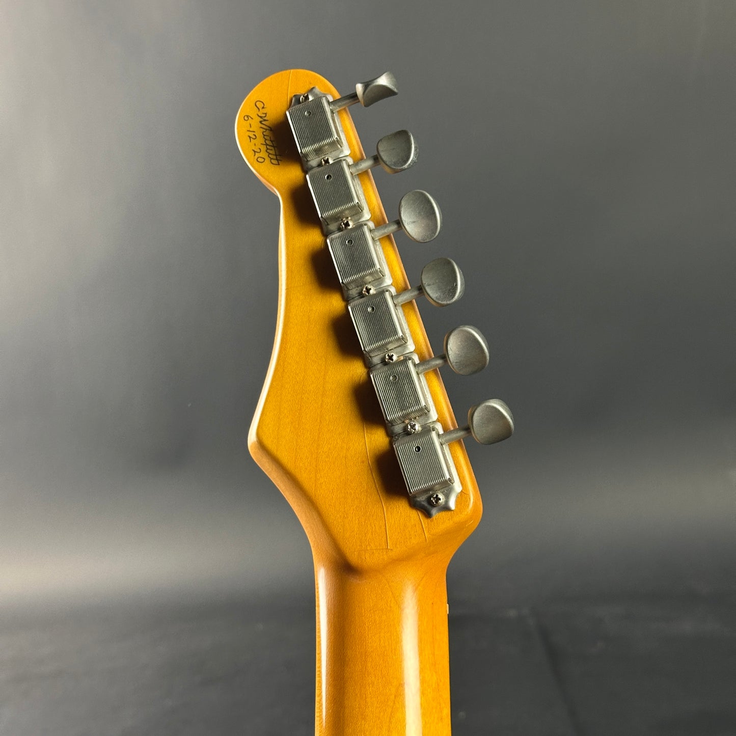 Back angle of Used 2020 Whitfill Custom Guitars S Style Hardtail Olympic White.