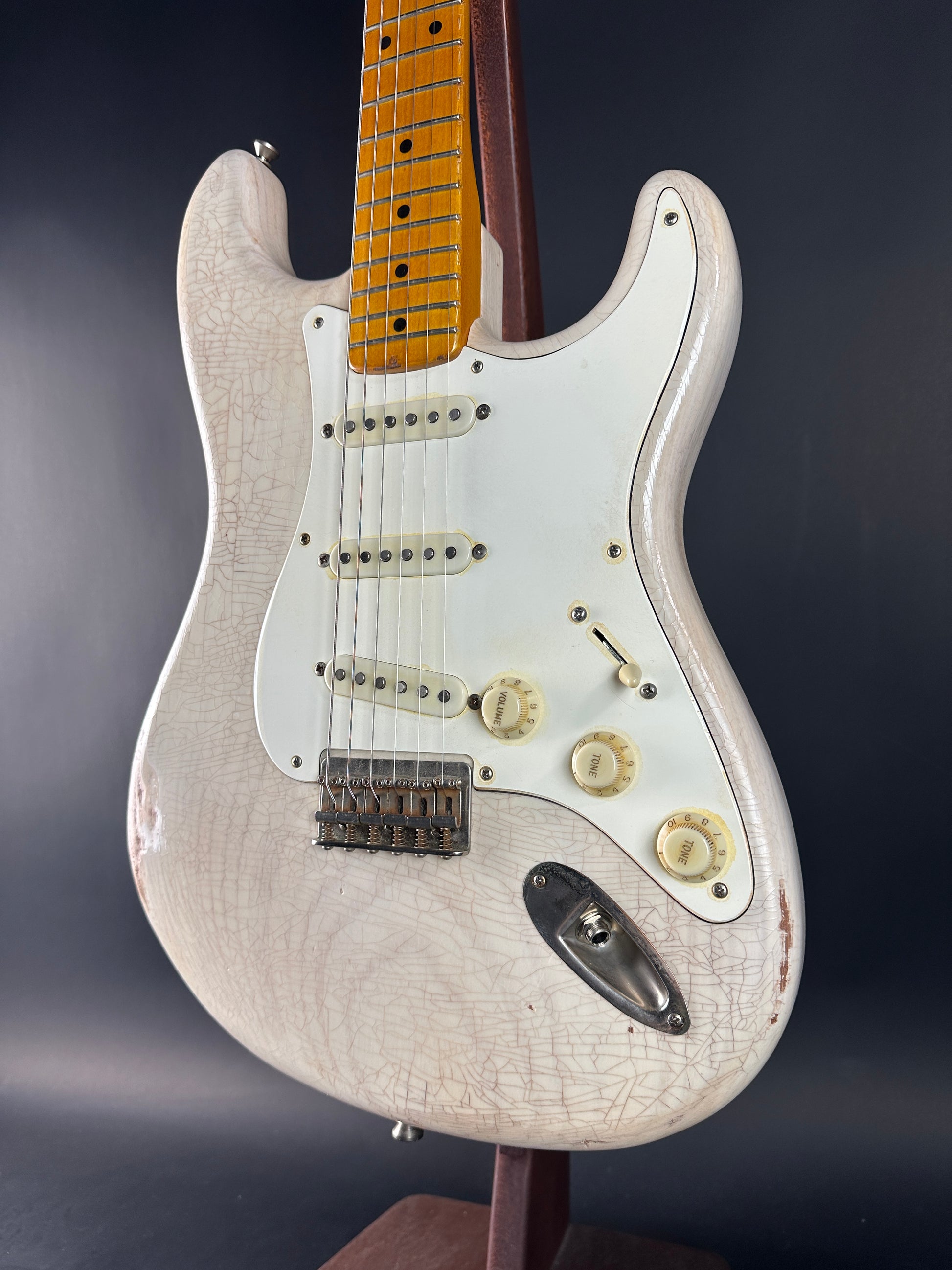 Front angle of Used 2020 Whitfill Custom Guitars S Style Hardtail Olympic White.