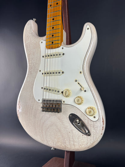 Front angle of Used 2020 Whitfill Custom Guitars S Style Hardtail Olympic White.