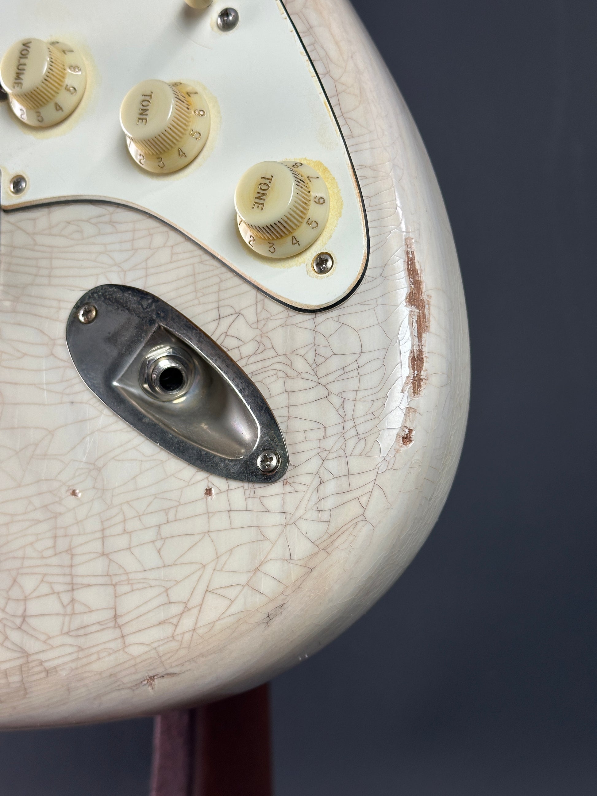 Front detail of Used 2020 Whitfill Custom Guitars S Style Hardtail Olympic White.