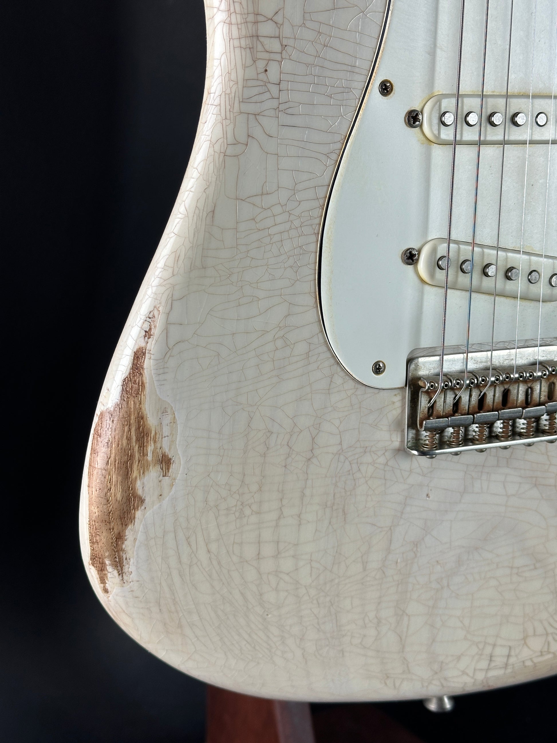 Front detail of Used 2020 Whitfill Custom Guitars S Style Hardtail Olympic White.