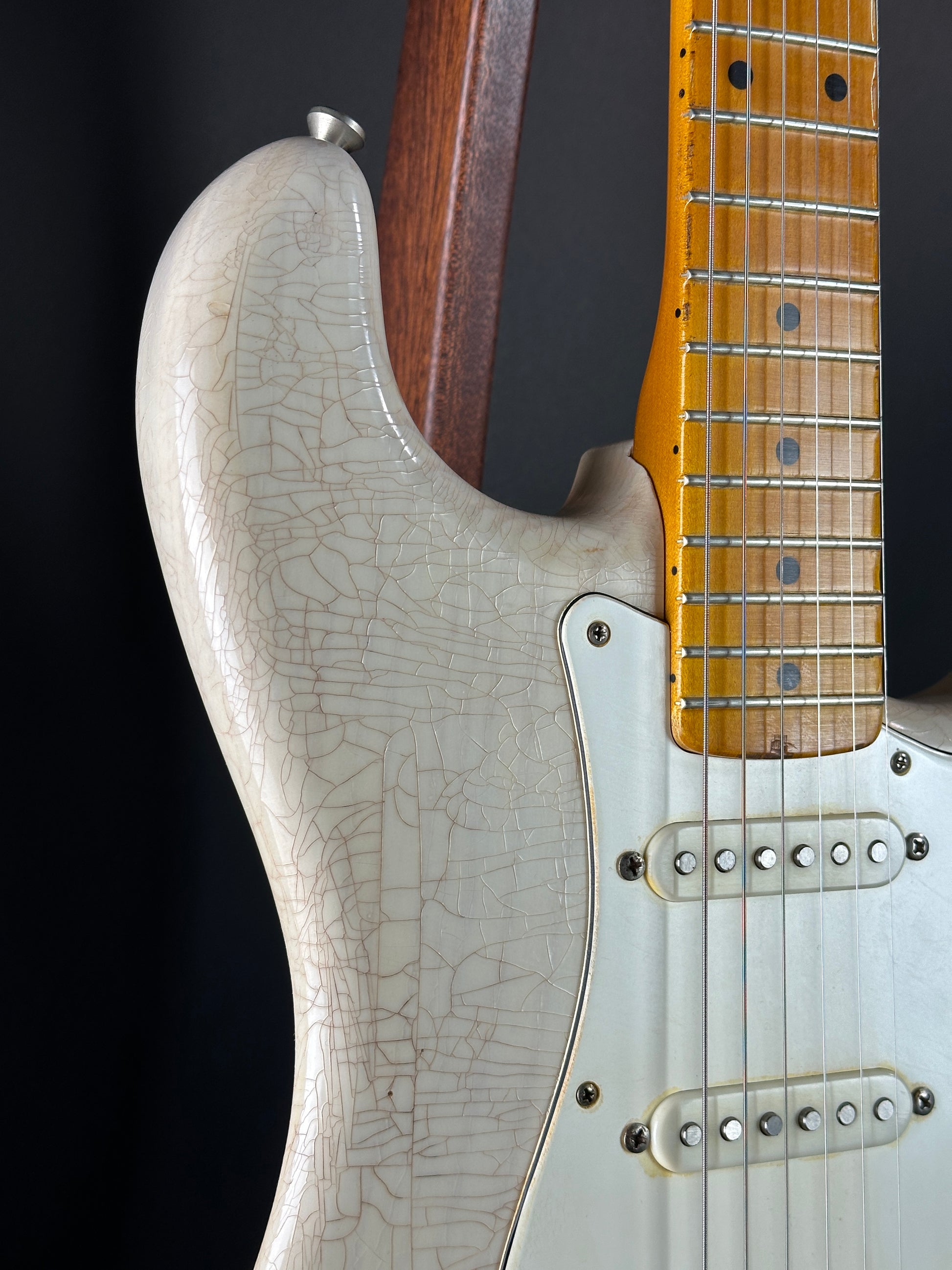 Front detail of Used 2020 Whitfill Custom Guitars S Style Hardtail Olympic White.